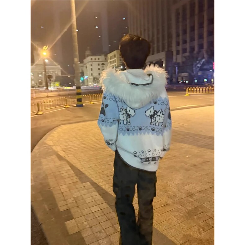 美式复古大毛领提花连帽针织开衫小狗毛衣男女冬季保暖外套MY532,男装针织衫/毛衣,星座208-5