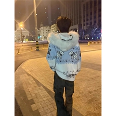 美式复古大毛领提花连帽针织开衫小狗毛衣男女冬季保暖外套MY532，男装针织衫/毛衣，星座208-5