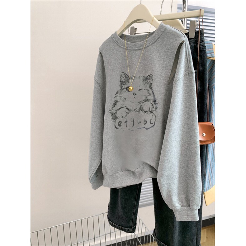 Q295-P45手绘猫咪印花圆领卫衣学院风学生宽松上衣,男装卫衣,星座617A-2