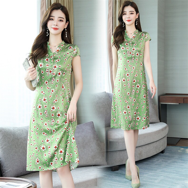 文艺复古碎花改良旗袍连衣裙女大码纯棉修身显瘦棉麻中长裙夏季，女装连衣裙，阿舍尔精品