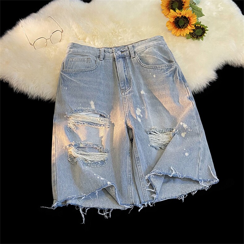 夏季无影墙男士宽松直通毛边破洞乞丐泼漆五分短裤男大码高街小众，男装牛仔裤，星座301D-4(原星座1004-4）