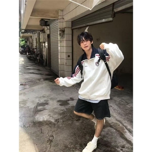 JY390-P45 美式条纹撞色拼接立领开衫卫衣图片