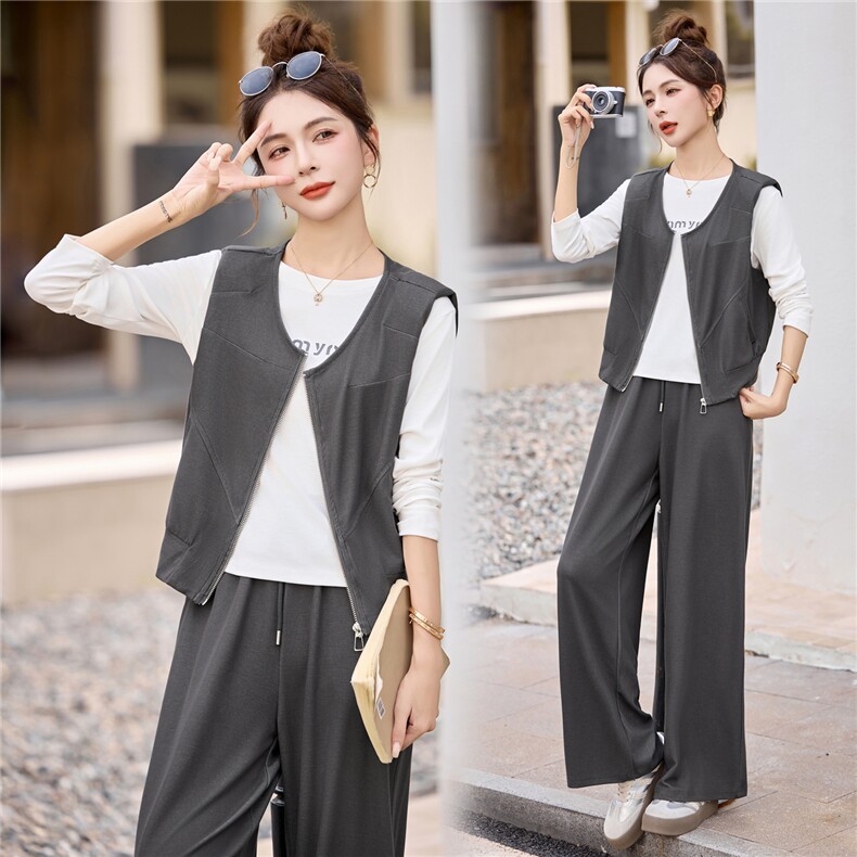 档口现货2025新款春秋女装休闲韩版马甲三件套，女装套装/套裙，靓星雨