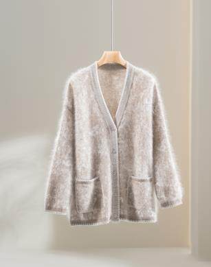 2025秋冬百搭时尚简约v领拼色带兜开衫，女装羊绒衫，伊纯羊绒