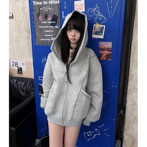 抖音得物高品质秋冬美式高街重磅结构辑明线纹理连帽卫衣外套W111