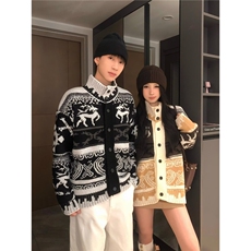 “费尔岛花纹”法式复古提花针织开衫25早春宽松蓬松羊毛毛衣外套，男装针织衫/毛衣，星座506A