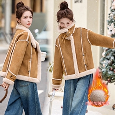 皮毛一体短外套女2025年秋冬新款韩版百搭时尚立领加厚毛绒机车服，女装羊羔毛/颗粒绒，拾衣