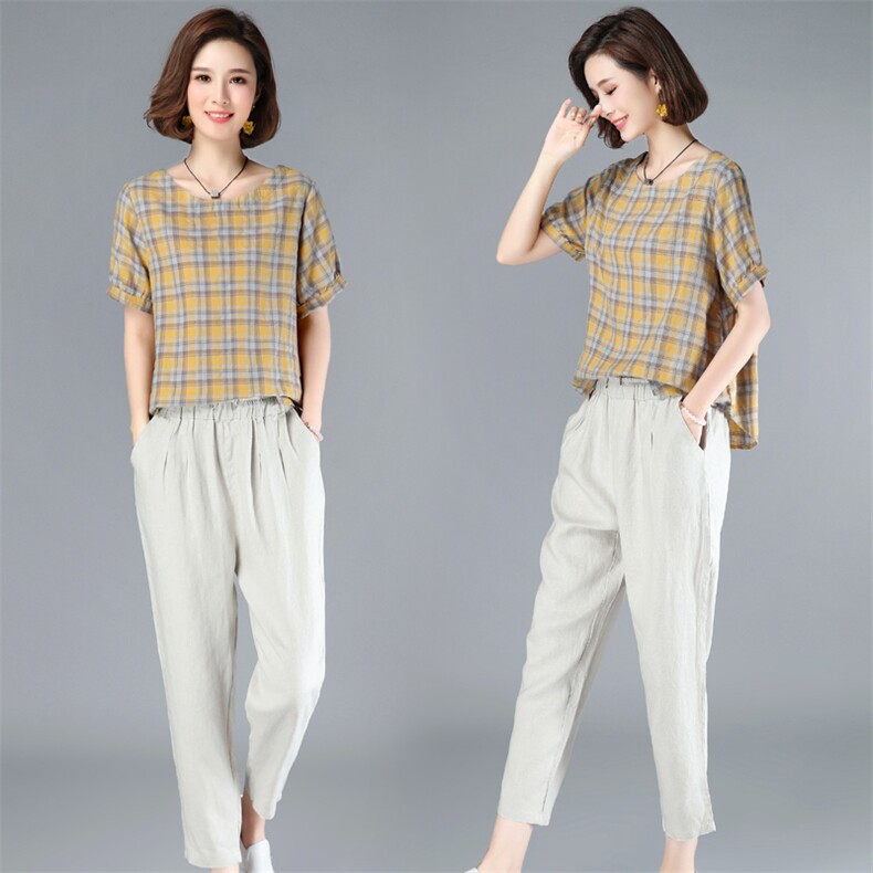 涵誉休闲时尚两件套女2021年夏装新款女士短袖上衣棉麻九分裤套装，女装套装/套裙，涵誉