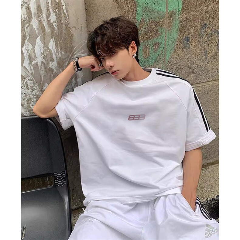 抖音得物高品质二开240克宽松纯棉美式潮牌三条杠织带短袖T恤，男装T恤，电商A486