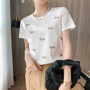 新款夏季丝光棉t恤女百搭纯棉白色短袖上衣夏高支棉宽松体恤衫钻2图片