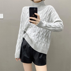 重磅三股加厚小baby山羊绒衫女24秋冬新款半高领宽松麻花针织上衣，女装羊绒衫，织绒羊