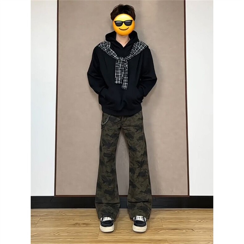 1506-1/KF51201/P47复古迷彩工装牛仔裤男款春秋直筒微喇裤子百搭图片
