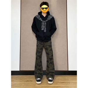 1506-1/KF51201/P47复古迷彩工装牛仔裤男款春秋直筒微喇裤子百搭图片