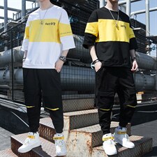 2023夏季男士新款运动休闲短袖体恤套装宽松T恤上衣男装F12P68，男装休闲套装，电商A086