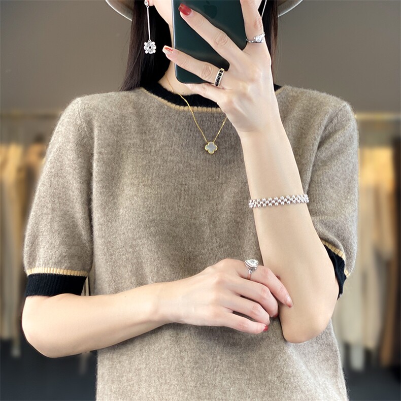 春秋新羊毛衫女圆领短袖拼色半袖宽松五分袖针织打底衫百搭,女装羊毛衫,朝辰羊绒
