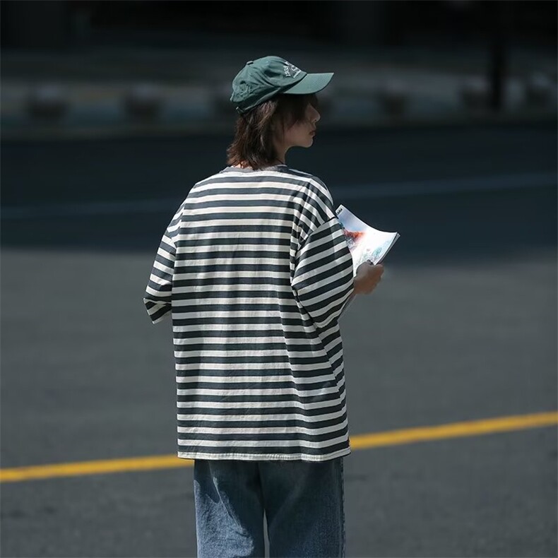 日系夏季复古条纹休闲短袖女宽松纯棉T恤T7831P30,男装T恤,星座1116-2