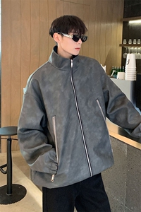 1美式复古做旧双拉链大口袋PU皮大码M-5XL夹克男JK77777P95控128图片
