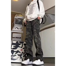 抖音得物美式复古迷彩微喇工装裤男款vibe高街裤子修身牛仔裤AK11，男装牛仔裤，电商A443