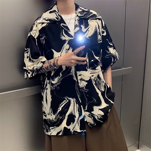 男青春流行日常衬衫潮方领百搭慵懒夏季文艺五分袖标准日系图片