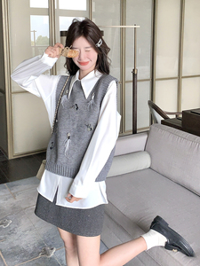 学院风复古减龄衬衫上衣马甲套装女2025春秋新款高级感时尚两件套图片