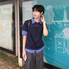 得物抖音高品质二开夏季美式潮牌高街假两件格子衬衣翻领短袖T恤，男装T恤，电商A486