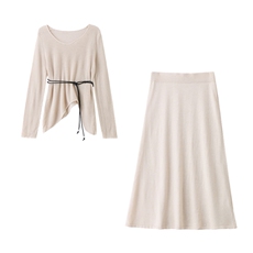 【现货】2025年秋季新款不规则毛织镂空上衣A字裙两件套配腰带，女装套装/套裙，辉煌依升