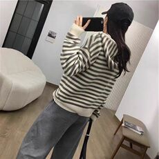 2025年秋季新款百搭女士斑马条纹连帽衫，女装针织衫/毛衣，硕彦羊绒