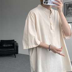 8XL-M中式立领棉麻T恤特大码亨利领亚麻短袖polo衫半袖DX1210/P45，男装T恤，电商B238