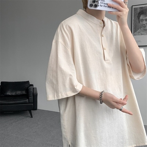 8XL-M中式立领棉麻T恤特大码亨利领亚麻短袖polo衫半袖DX1210/P45图片