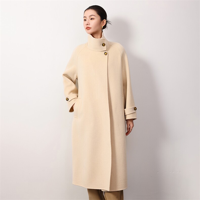 2024秋冬新款双面羊绒大衣女立领系带赫本风高级感毛呢外套中长款,女装双面呢大衣,岳达羊绒