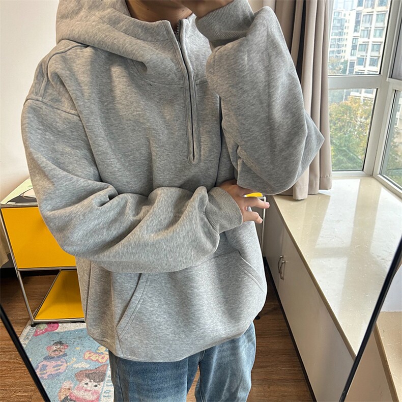 抖音得物高品质二开25秋冬美式重磅宽松纯色连帽拉链高领卫衣W65,男装卫衣,电商A486