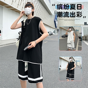 夏季现货主推青少年大码港风冰丝背心五分裤日系套装S12P50图片