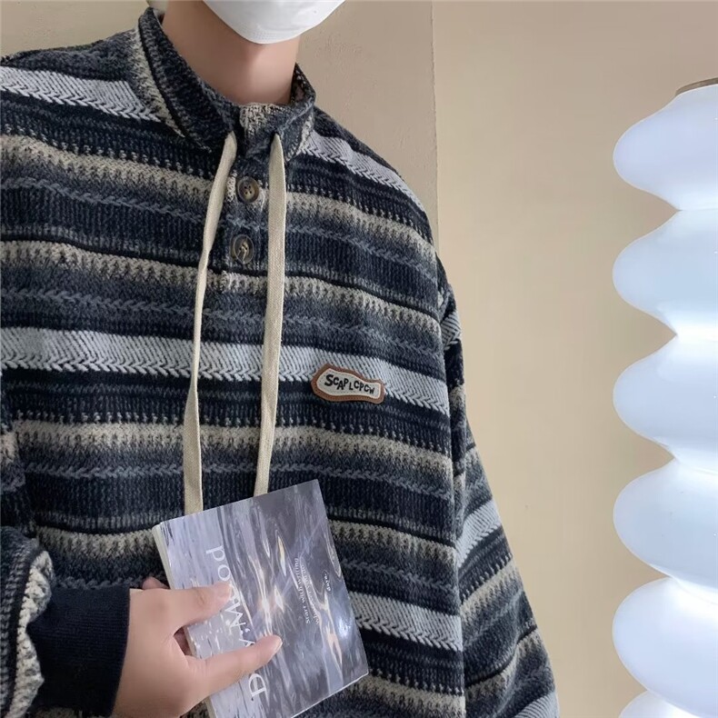 条纹复古美式休闲男女森山系老爹欧美宽松绒面拉绳卫衣Y8509P38，男装卫衣，星座1116-2