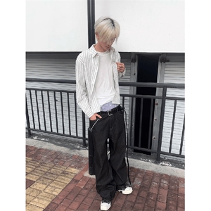 美式潮牌高街复古泡泡纱竖条纹日系肌理长袖衬衫男女休闲宽松衬衣图片