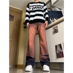 美式复古渐变牛仔裤男春秋季休闲设计感直筒微喇叭裤