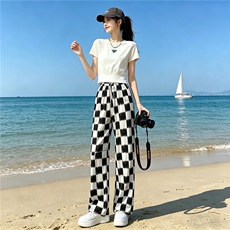欧货时尚休闲运动套装女夏季新款显瘦圆领短袖上衣格子长裤两件套，女装套装/套裙，江南