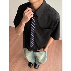 搭配领带拼接老钱风宽松休闲格子短袖衬衫男何与同款-CS2537特40，男装T恤，电商B289