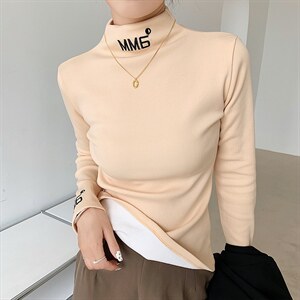 欧货加绒加厚半高领打底衫女2022秋冬t恤刺绣修身上衣潮图片