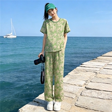 女夏季新款高端时尚花色短袖T恤套装宽松显瘦抽绳阔腿裤两件套潮，女装套装/套裙，江南