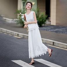 小香风气质蕾丝拼接套装裙女2025夏新款无袖背心上衣半身裙两件套，女装套装/套裙，韩蜜菓