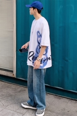 夏上新青少年港风纯棉短袖T恤潮时尚印花圆领半袖男女T7209-P45，男装T恤，电商A441-1