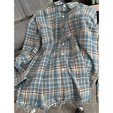 新款美式磨毛蓝色格子衬衫女男潮牌宽松休闲情侣衬衣外套C05，男装衬衫，星座1116A（原606A-3）