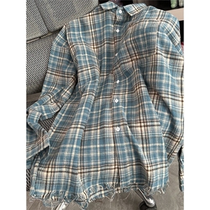 新款美式磨毛蓝色格子衬衫女男潮牌宽松休闲情侣衬衣外套 C05图片