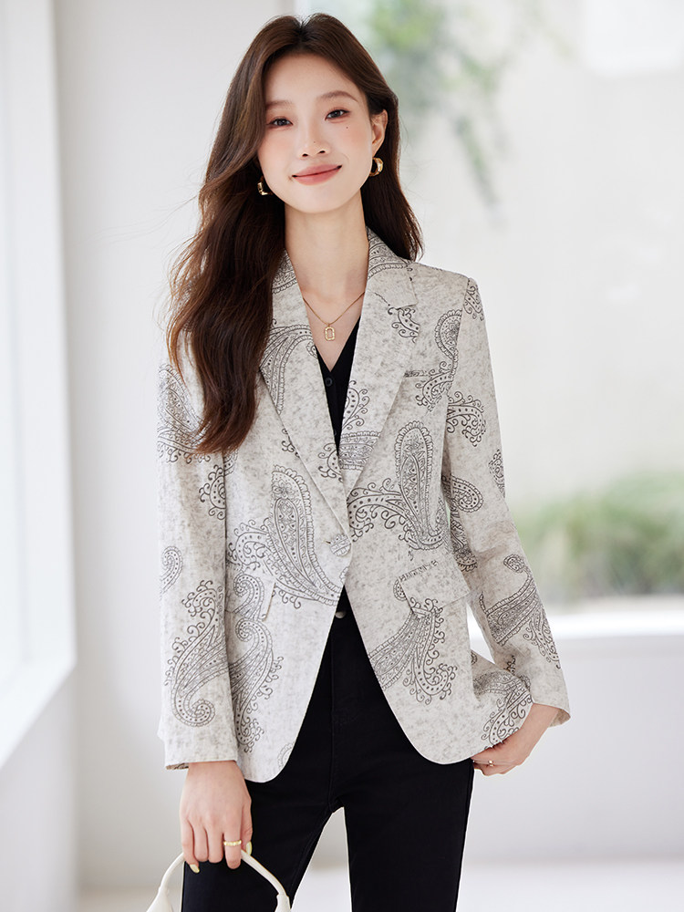 2025秋装新款印花气质时尚长袖一粒扣西装小外套女,女装短外套,苗苗