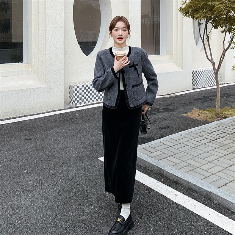 灰色撞色小香风外套半身裙两件套女秋冬2025新款设计高级感套装,女装套装/套裙,欧黛芙妮
