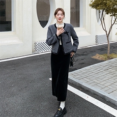 灰色撞色小香风外套半身裙两件套女秋冬2025新款设计高级感套装，女装套装/套裙，欧黛芙妮