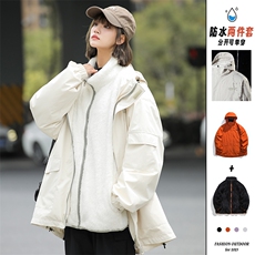 秋冬三合一连帽双层冲锋衣纯色宽松港风情侣棉袄外套MY9318-P115，女装短外套，电商A128