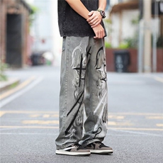 火焰涂鸦牛仔裤男美式vibe风高街小众宽松设计感长裤RK2870-P56，男装牛仔裤，星座412-3