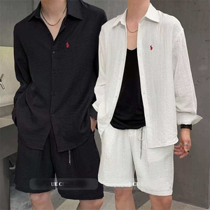 TC01学院风慵懒男士休闲高质量衬衫短裤套装夏新 网图慎用图片