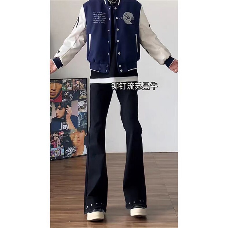 黑色铆钉毛边弯刀牛仔裤男美式高街vibe裤子直筒微喇裤L16355-P43,男装牛仔裤,星座1008